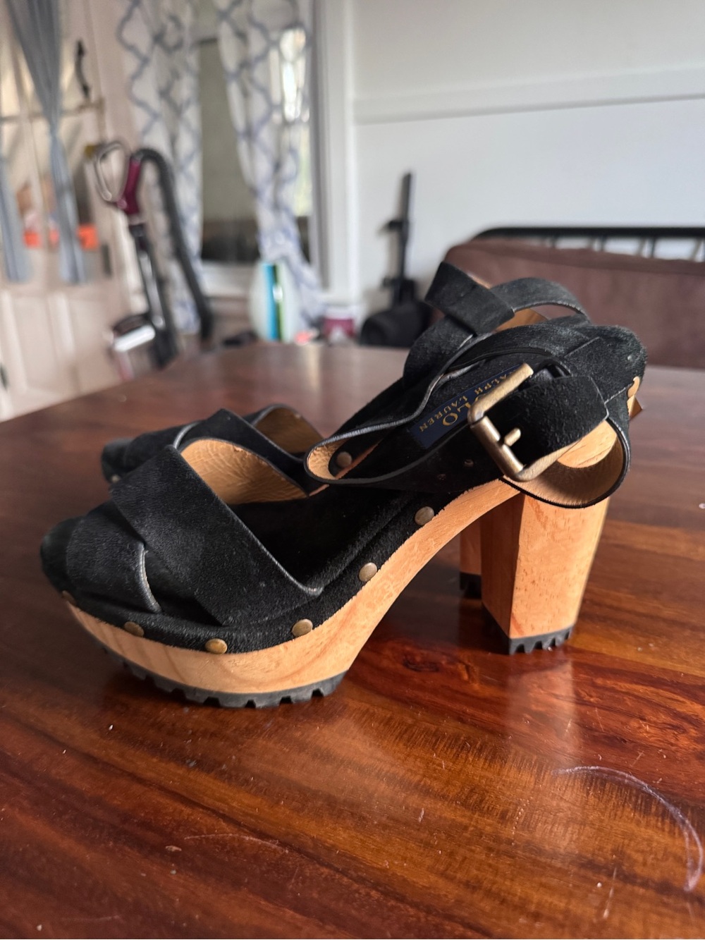 Polo by Ralph Lauren Black Suede Platform Sandals with Wood Heel